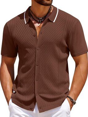 Men’s Acorn Knit Short Sleeve Button Down Vintage Polo Summer Shirt